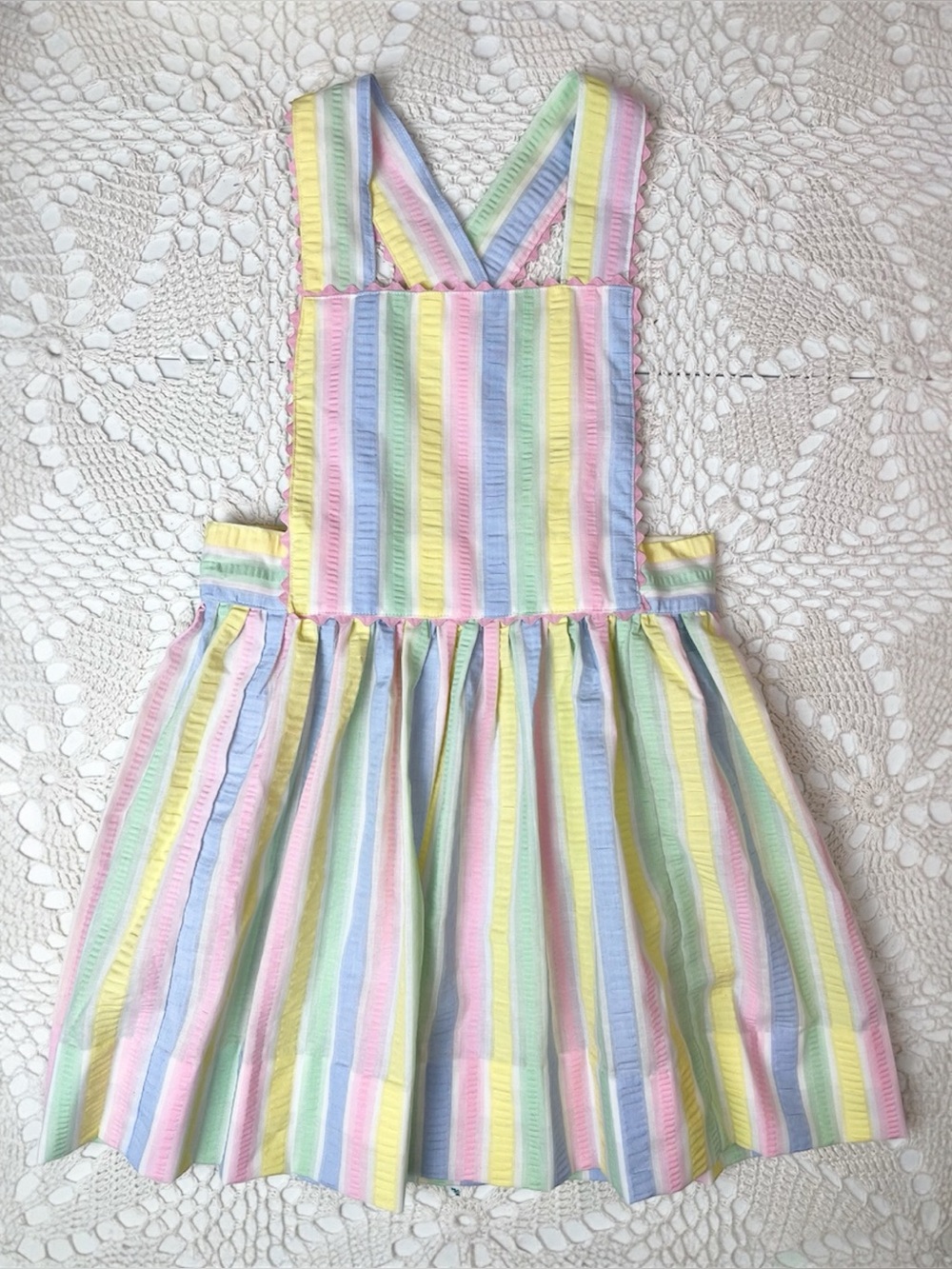 Vintage 1980s Girls 5-6 Pastel Rainbow Striped Dainty Pinafore Dress